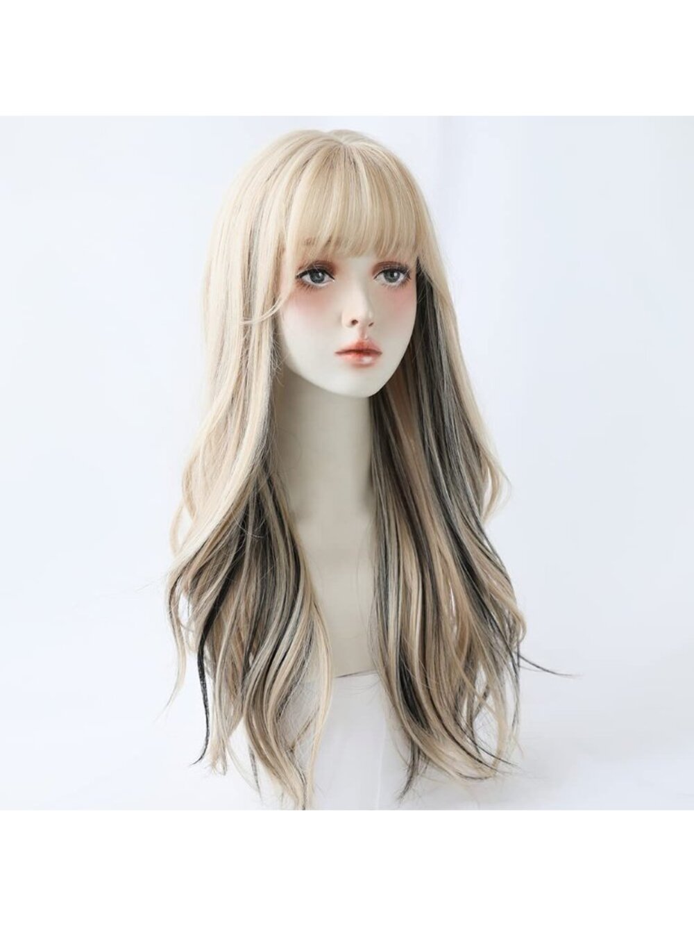 Women's Cream Black Heat Resistant Synthetic Fiber Long Straight Wigs Bangs